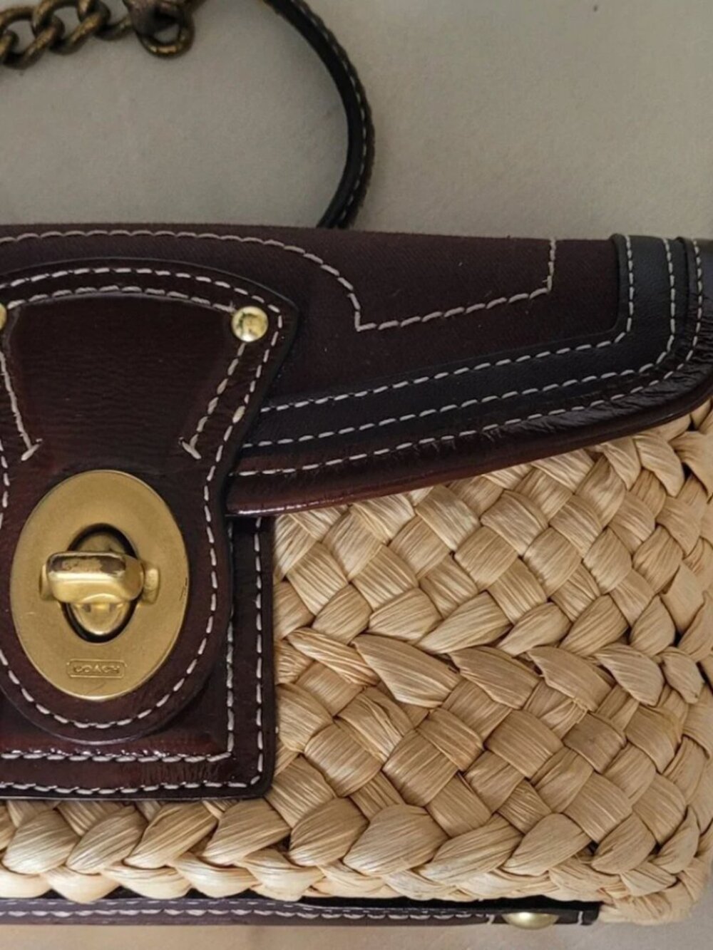 727 Coach Straw Summertime Turnlock Wristlet Clutch Brown Brass Raffia Vintage - Picture 10 of 12